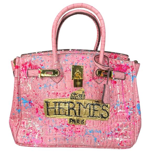 Gorgeous Anca Barbu Hand Painted “Hermes Paris” Pink Splatter Bag 11X6X6 - Picture 1 of 12